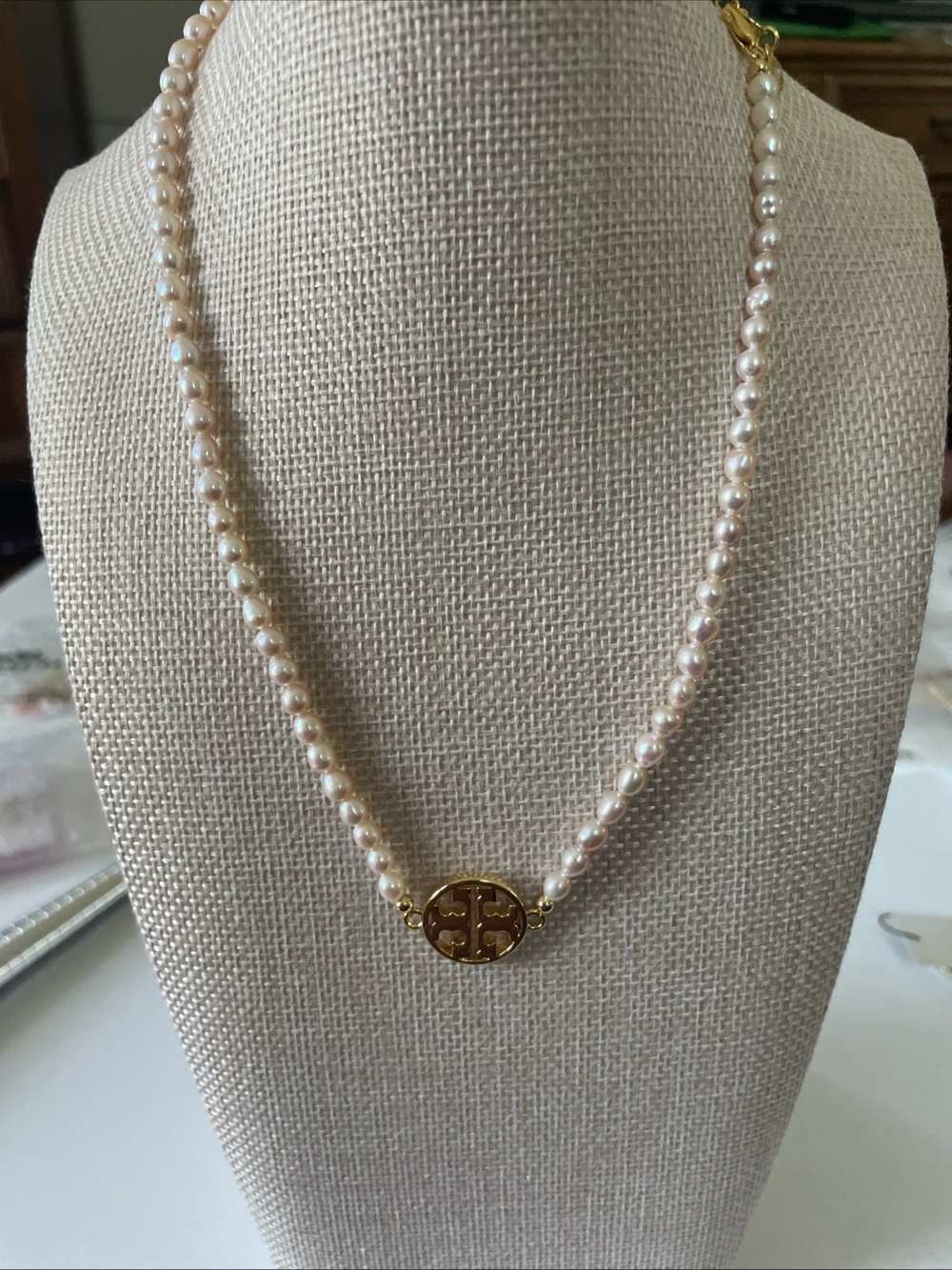 Tory Burch Pearl Necklace with Gold Logo Medallion